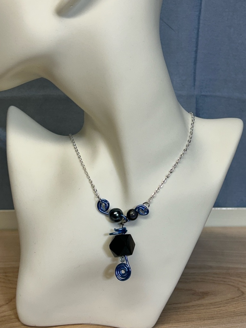 Handcrafted Blue and Black Pendant Necklace